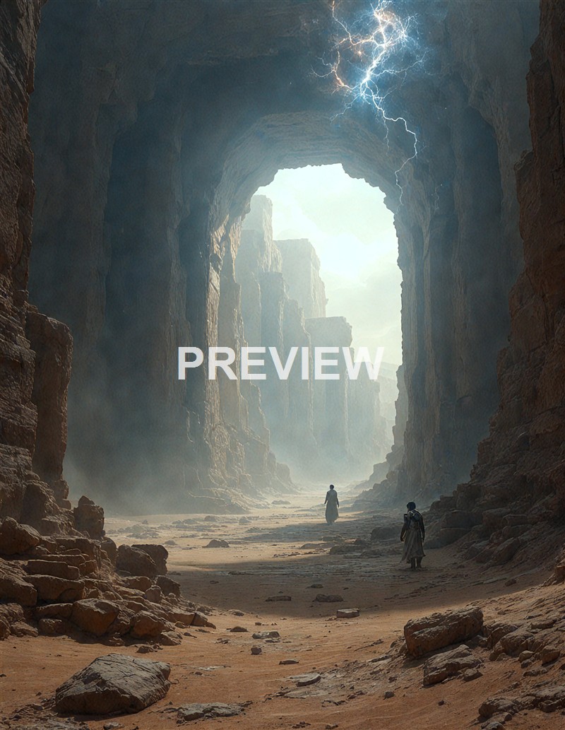 The image depicts a vast, rocky canyon with towering cliffs and a large archway at the top, illuminated by a mysterious light, with two small figures walking through the sandy floor and lightning striking in the cloudy sky above.
